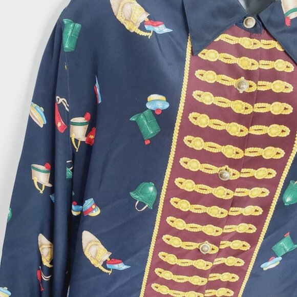 Vintage Liz Claiborne Pure Silk Equestrian Novelty Military Print Preppy Blouse - Picture 2 of 8